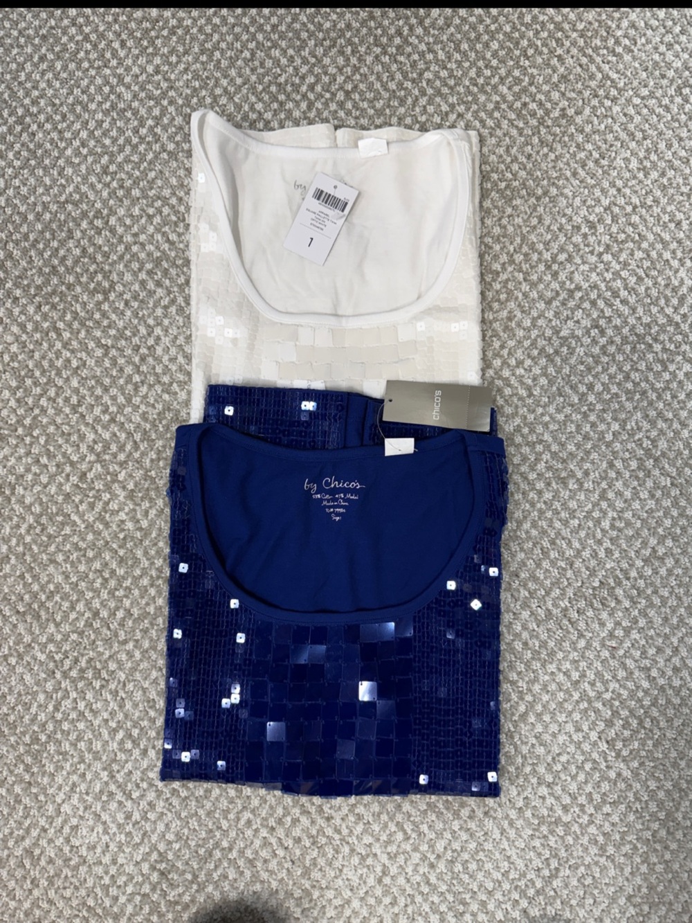 Chico's Deep Blue and white Sequin Tank Tops